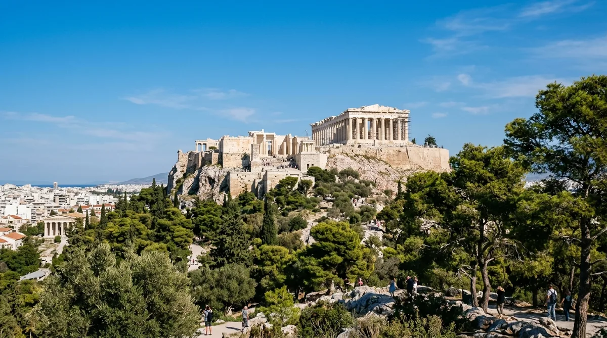 Monumentalni hram Partenon na vrhu brda Akropolj u Atini pod vedrim mediteranskim nebom