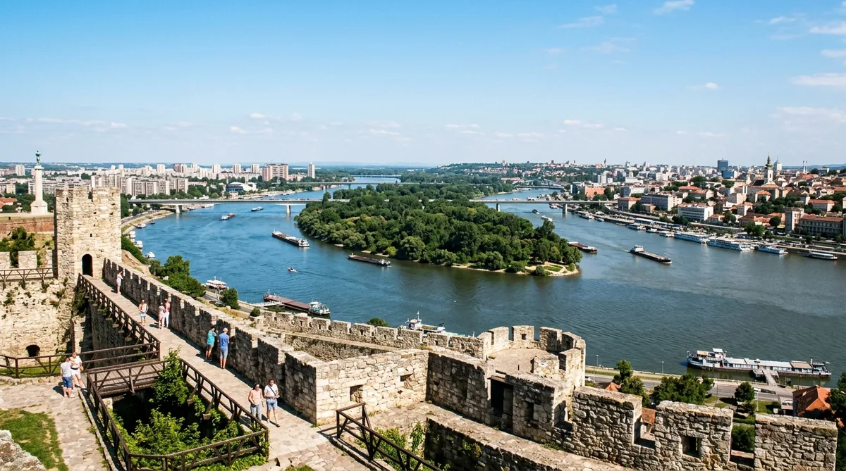 Pogled sa Kalemegdana na ušće Save u Dunav, Novi Beograd i skulpturu Pobednika u smiraj dana