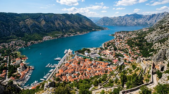 Panoramski pogled sa visine na dramatični zaliv Boke Kotorske okružen strmim liticama Lovćena