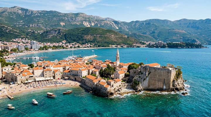 Srednjovekovni kameni bedemi Starog grada Budve na poluostrvu okruženom tirkiznim Jadranskim morem