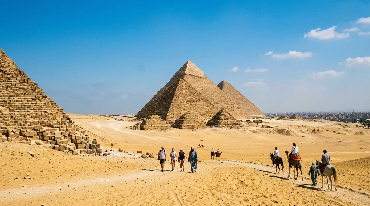 Pogled na monumentalne piramide u Gizi i Veliku sfingu u zlatnom pesku pustinje