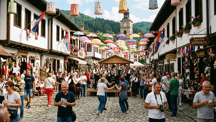 Učesnici festivala Nušićijada u Ivanjici obučeni u građanske kostime s kraja 19. veka sa cilindrima i kišobranima
