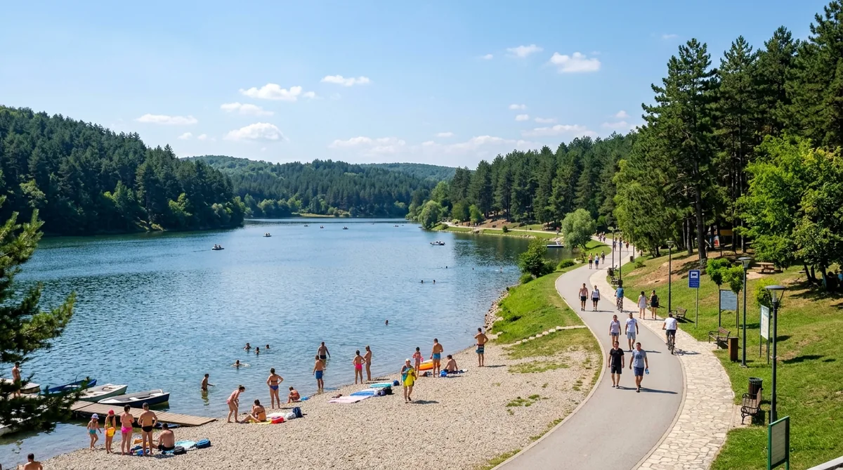 Uređena obala jezera Očaga kod Lazarevca sa šljunkovitom plažom, zelenim platoima i šetalištem