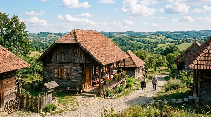 Konak kneza Miloša u Topčideru sa tremom, drvenim stubovima i stoletnim platanom u parku