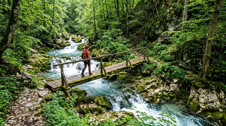Termomineralni izvor Lađevac kako se u kaskadama preliva preko mahovinom obraslih stena u kanjonu Rače