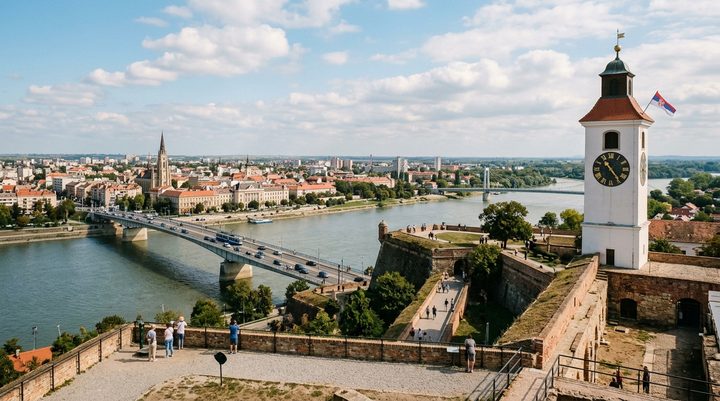 Pogled na Petrovaradinsku tvrđavu, Sat kulu i Dunav sa mostom Duga u Novom Sadu