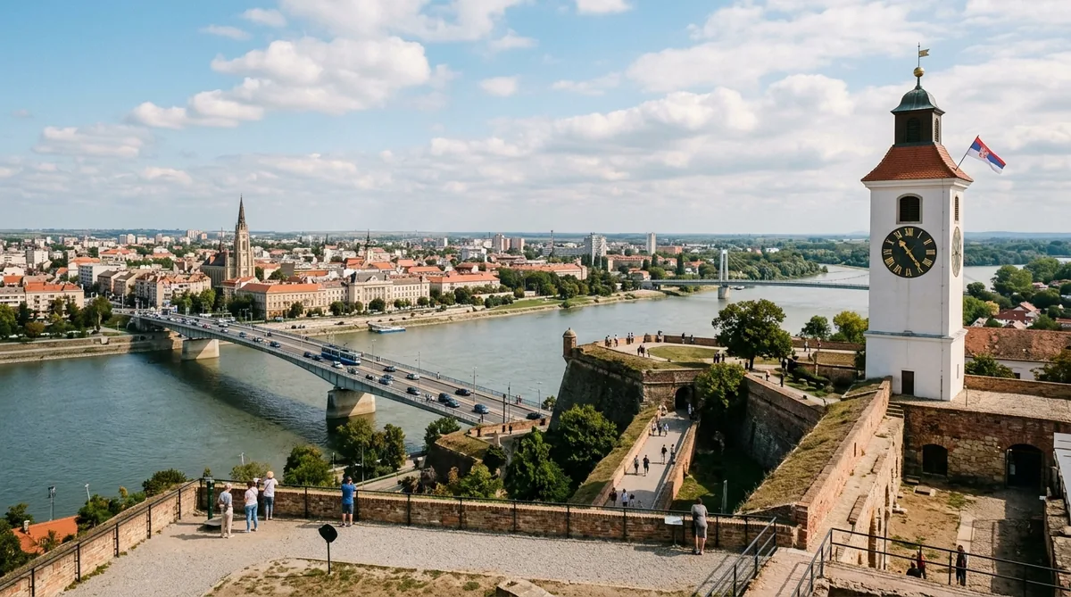 Pogled na Petrovaradinsku tvrđavu, Sat kulu i Dunav sa mostom Duga u Novom Sadu