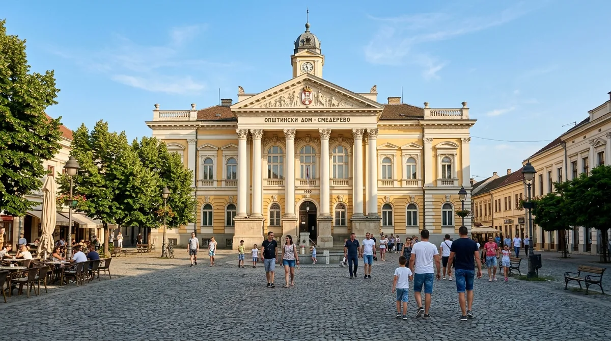 Zgrada Starog opštinskog doma u Smederevu na Trgu republike sa lukovima, kamenim reljefima i dekorativnim krovom