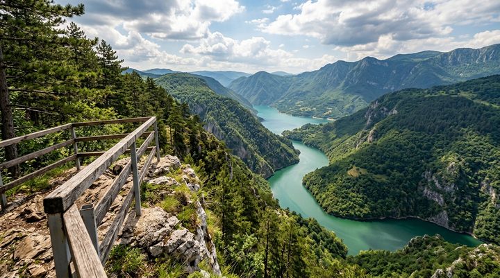 Pogled sa drvenog vidikovca Banjska stena na Nacionalni park Tara i kanjon reke Drine u magli
