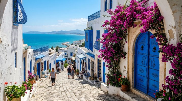 Belo-plave kuće sa drvenim prozorima i pogledom na Mediteran u selu Sidi Bou Said u Tunisu