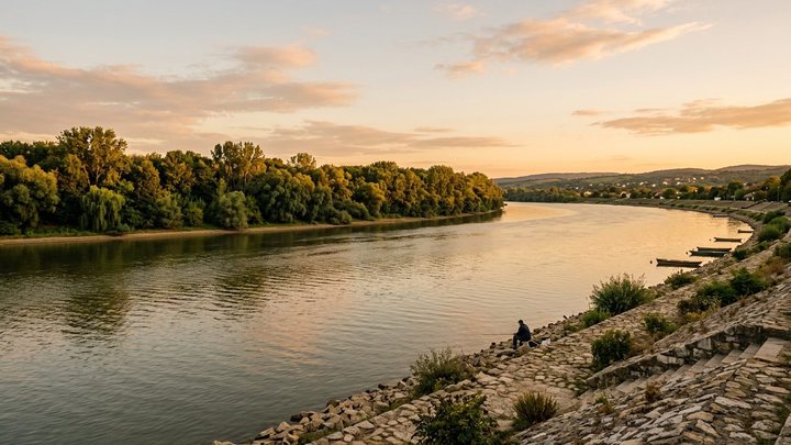 Zalazak sunca na reci Bojani sa drvenim sojenicama, mrežama kalimerama i peščanom obalom Ade