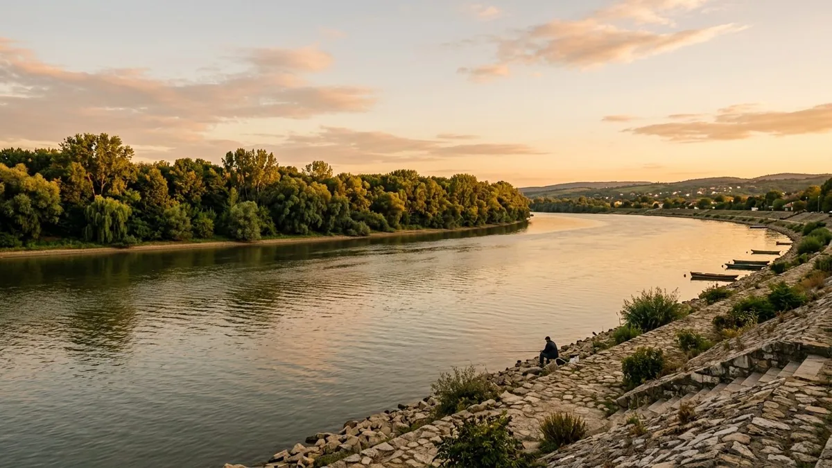 Zalazak sunca na reci Bojani sa drvenim sojenicama, mrežama kalimerama i peščanom obalom Ade