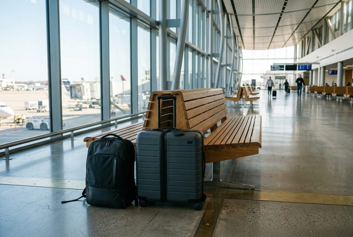Nezadovoljni putnik na aerodromu posmatra informativnu tablu sa crvenim natpisom CANCELLED